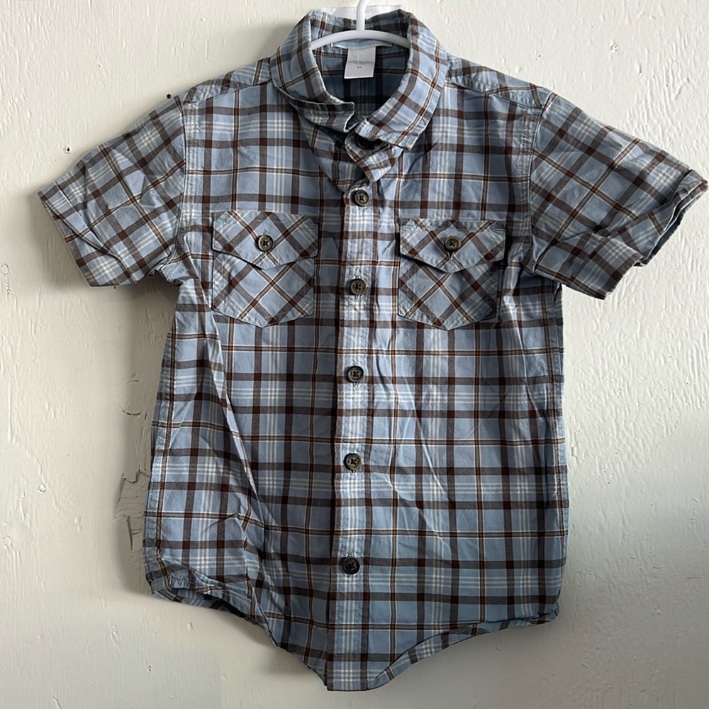 Janie and Jack blue brown button up shirt short sleeve 4t
